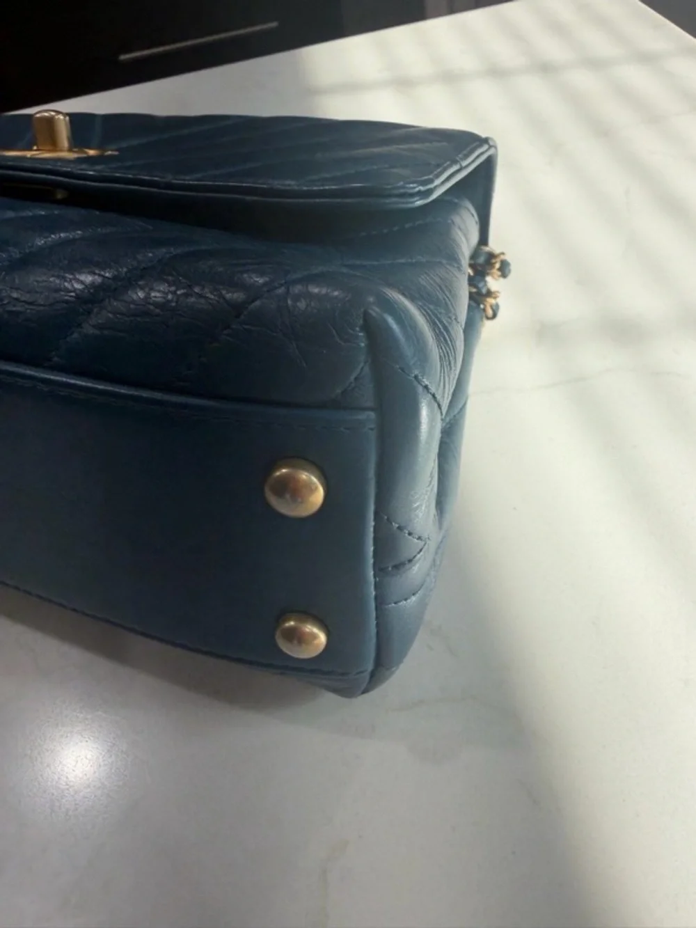 CHANEL Quilted Top Handle Satchel in Navy with Gold Hardware